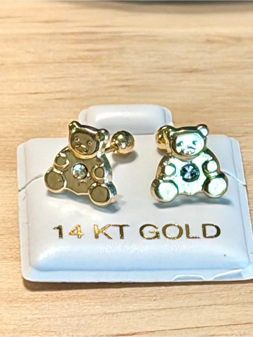 14 KT Gold Teddy Bear Stud Earrings for Kids - Polished Gold with ball screwback